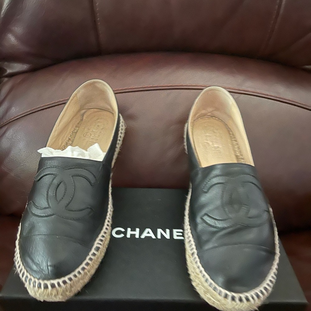 Chanel black leather espadrilles